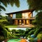 Luxurious tropical pool villa with refined architecture in a lush greenery garden. generative ai