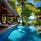 Luxurious Tropical Resort Pool with Lush Greenery and Ocean View. AI generation