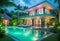 Luxurious tropical villa with swimming pool and exquisite architecture in a lush green garden