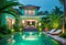 Luxurious tropical villa with swimming pool and exquisite architecture in a lush green garden