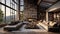 Luxurious Urban Retreat Interior of a Living Room in a Penthouse Loft with Dark Stone Walls and Gleaming Hardwood Floors. created