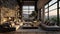 Luxurious Urban Retreat Interior of a Living Room in a Penthouse Loft with Dark Stone Walls and Gleaming Hardwood Floors. created