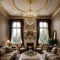 Luxurious vintage interior with fireplace in the aristocratic style Large Windows and mirrors Columns and arches ornament on