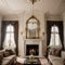 Luxurious vintage interior with fireplace in the aristocratic style Large Windows and mirrors Columns and arches ornament on