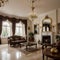 Luxurious vintage interior with fireplace in the aristocratic style Large Windows and mirrors Columns and arches ornament on