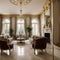 Luxurious vintage interior with fireplace in the aristocratic style Large Windows and mirrors Columns and arches ornament on