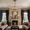 Luxurious vintage interior with fireplace in the aristocratic style Large Windows and mirrors Columns and arches ornament on