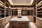 A luxurious walk-in closet with custom shelving, a center island for accessories