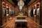 A luxurious walk-in closet featuring a stunning chandelier and a comfortable bench, An opulent walk-in closet filled with designer