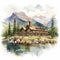 Luxurious Watercolor Illustration Of Log Cabin Near Waterfall