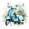 Luxurious Watercolor Moped Illustration With Green Leaves