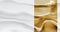 Luxurious white abstract shape background with gold accent. Flowing white cloth or flowing thick liquid with gold segment.