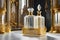 Luxurious white and golden ornamented baroque and rococo perfume bottle , french castle background