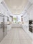 Luxurious white kitchen in classical style with built-in appliances and a large window