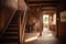 Luxurious wooden cottage interior with mid-century design, branching hallways, porch, and inviting light.