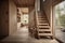 Luxurious wooden cottage interior with mid-century design, branching hallways, porch, and inviting light.
