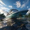 Luxurious yacht crashing high waves in hot summer