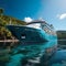 luxurious yacht, docked in a tropical island paradise, offers a waterfront experience like no other.