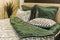 Luxurious zebra design bed with soft and green pillows and decorative houseplant ornament behind