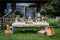 A luxury alfresco wedding reception lemonade bar set up at the countryside; an empty chalkboard, a glass beverage dispenser