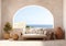 Luxury apartment terrace Santorini Interior of modern living room sofa with beautiful sea view, arched window