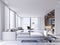 Luxury apartments with a white corner sofa in a bright interior