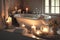 luxury bathroom with baby bathtub, plush towels and aromatic candles