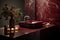 Luxury bathroom with rosso levanto marble, known for its deep red tones and distinctive white veining, evoking classical elegance