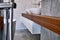 Luxury bathroom vanity. Stylish interior of modern bathroom with teak tabletop and marble walls