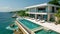 Luxury beach house with sea view swimming pool and terrace in modern design. Lounge chairs on wooden floor deck at