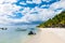 Luxury beach in Mauritius. Transparent ocean with boats, beach, palms and blue sky