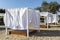 luxury Beach tent on the sea beach with white, fabric, sun protection wooden flooring comfort canopy