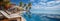Luxury beachfront escape: panoramic view of resort, pool, beach chairs, and umbrellas