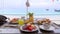 Luxury Beautiful Fresh Breakfast Food with Tropical Sea View with Boats