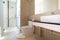 Luxury beautiful interior real bathroom features basin, toilet bowl in the house or home building