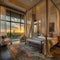 Luxury bedroom bathed in the warm glow of sunset light