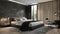 Luxury bedroom featuring dark gray and black accents, modern minimalist