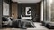 Luxury bedroom featuring dark gray and black accents, modern minimalist bedroom with light
