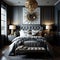 Luxury bedroom interior with black walls, wooden floor, gray master bed with pillows and gold lamps. generative ai