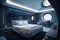 luxury bedroom, with view of the starry night sky, aboard futuristic spaceship