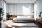 LUXURY BEDROOM WITH WHITE ROOM WALLS AND GREEN FLOWRS IN VASE GENERATED BY AI TOOL