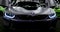 Luxury BMW i8 hybrid electric coupe. Plug-in hybrid sport car. Concept electric vehicle. Dark Matt colour. Car exterior details.