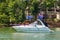 Luxury Boat flying Trump 2020 flags for President Donald Trump on Lake Norman near the Trump National Golf Club Charlotte