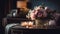 Luxury bouquet on rustic table, candle flame flickers generated by AI