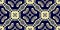 Luxury Brocade Design. Indigo Golden Seamless Ornament. Royal Blue Vintage Rapport. Geometric Textile Print. Fashion Tapestry