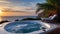 Luxury bubble bathtub under palm tree with ocean view at sunset, spa and wellness concept