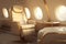 Luxury business jet plane airplane private jet empty interior during flight fast bright luxurious seat leather chair