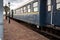 Luxury carriages wagon express on authentic vintage train platform from old times, industrial details and craftsmanship along
