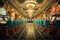 Luxury casino interior with slot machines, 3d render. Classic vintage american las vegas casino interior, AI Generated