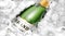 Luxury champagne bottle green color with water drop on ice cubes background